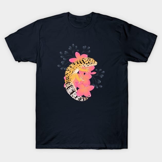 Leopard Gecko, High Yellow, and Frangipani Flowers T-Shirt by anacecilia